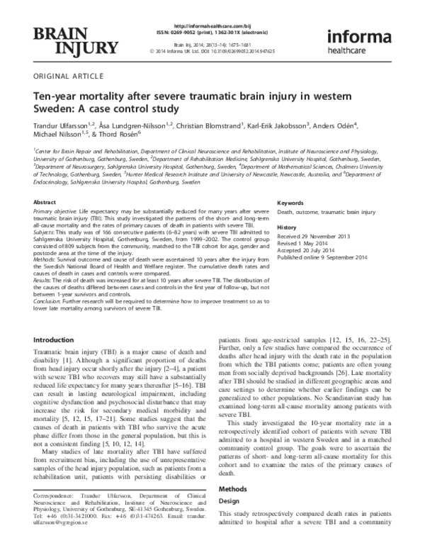 (PDF) Ten-year mortality after severe traumatic brain injury in western ...