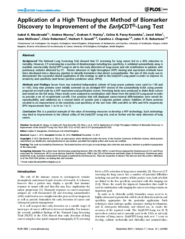 (PDF) Application of a High Throughput Method of Biomarker Discovery to ...
