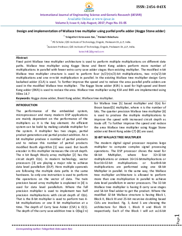 (PDF) Design and implementation of Wallace tree multiplier using ...