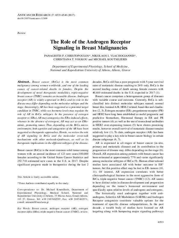 (PDF) The Role of the Androgen Receptor Signaling in Breast Malignancies