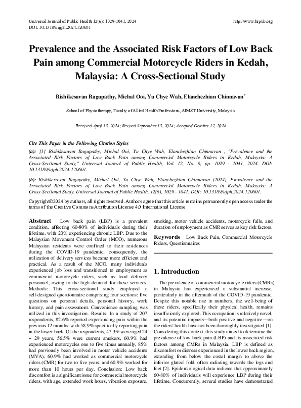 (PDF) Prevalence and the Associated Risk Factors of Low Back Pain among ...
