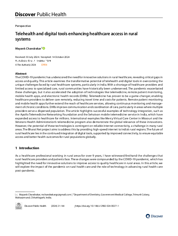 (PDF) Telehealth and digital tools enhancing healthcare access in rural ...