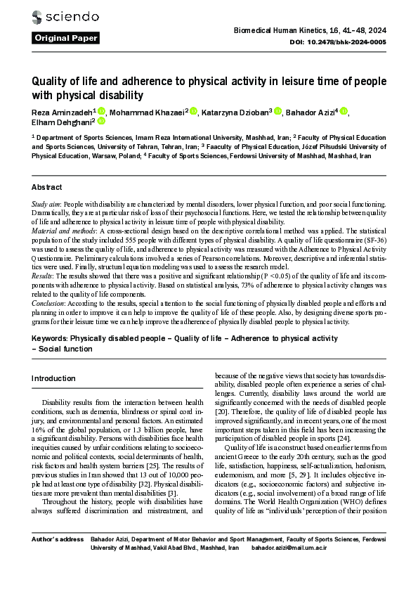 (PDF) Quality of life and adherence to physical activity in leisure ...