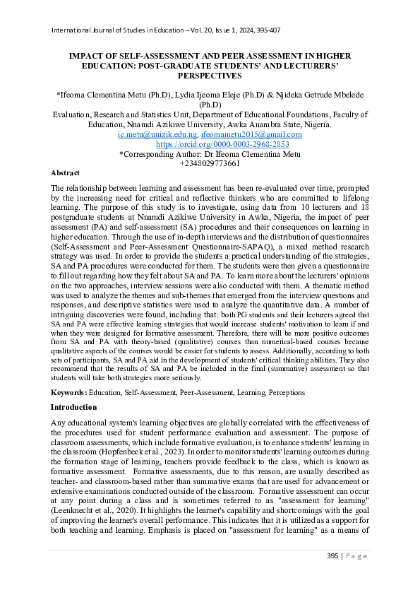 (PDF) IMPACT OF SELF-ASSESSMENT AND PEER ASSESSMENT IN HIGHER EDUCATION ...