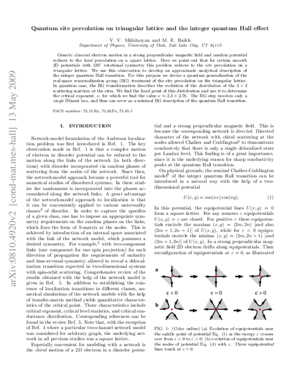 (PDF) Quantum site percolation on triangular lattice and the integer ...