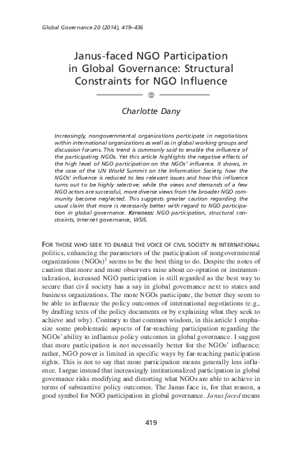 (PDF) Janus-faced NGO Participation in Global Governance: Structural ...