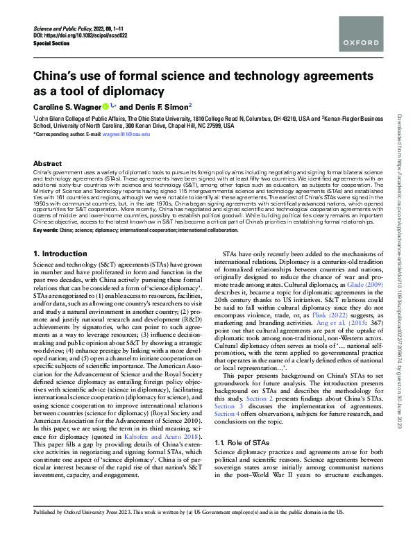 (PDF) China’s use of formal science and technology agreements as a tool ...
