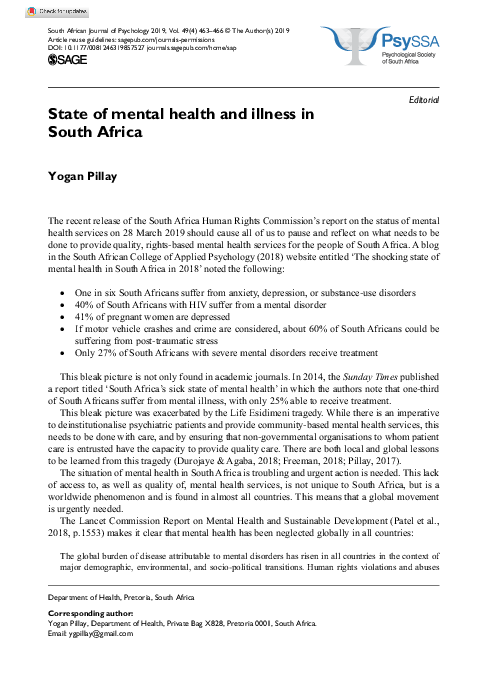 (PDF) State of mental health and illness in South Africa