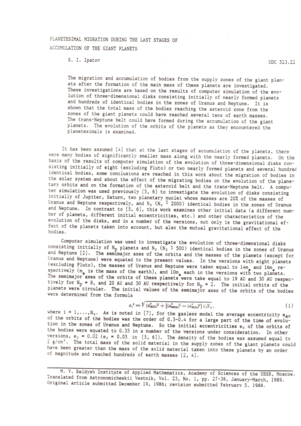 (PDF) Planetesimal Migration during the Last Stages of Accumulation of ...
