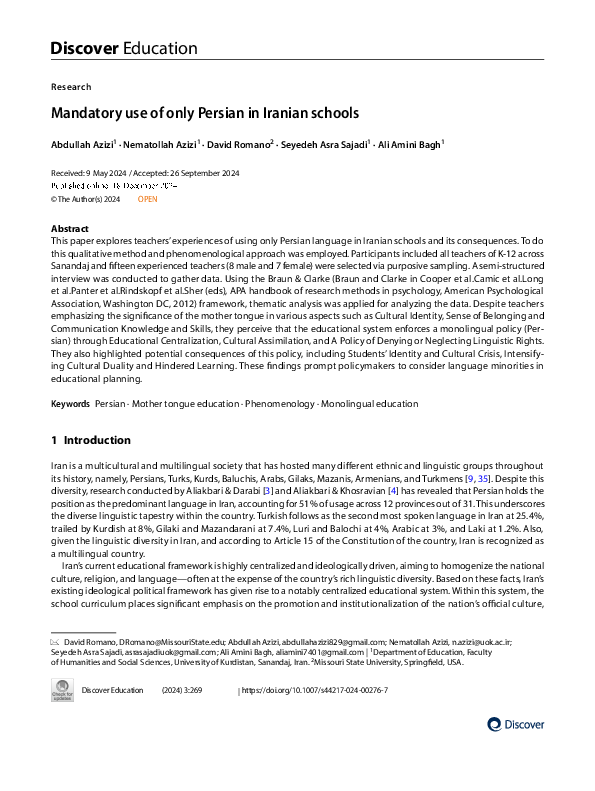 (PDF) Mandatory use of Persian in Iranian Schools Discover Education