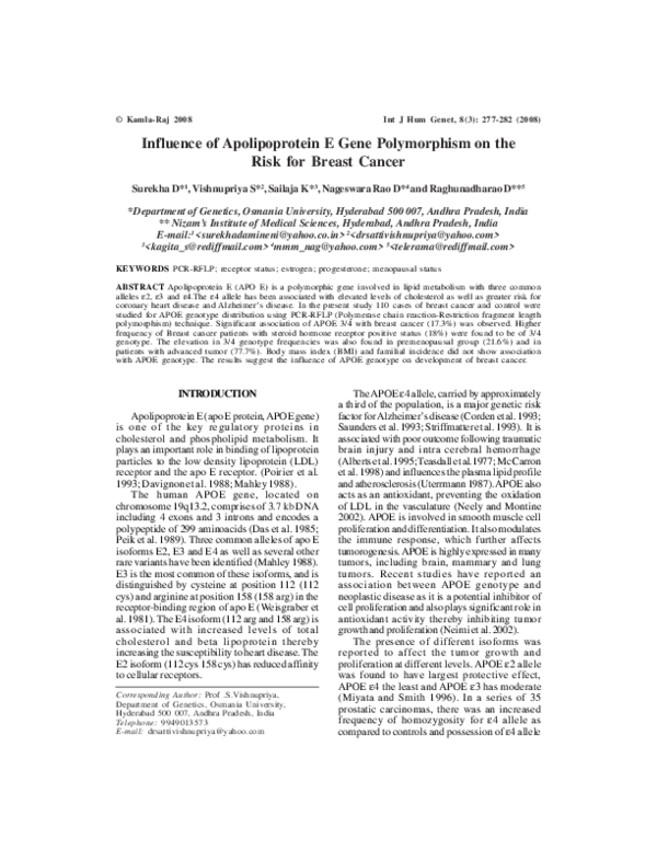 (PDF) Influence of Apolipoprotein E Gene Polymorphism on the Risk for ...