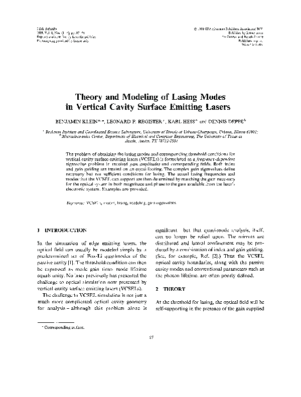 (PDF) Theory and Modeling of Lasing Modes in Vertical Cavity Surface ...