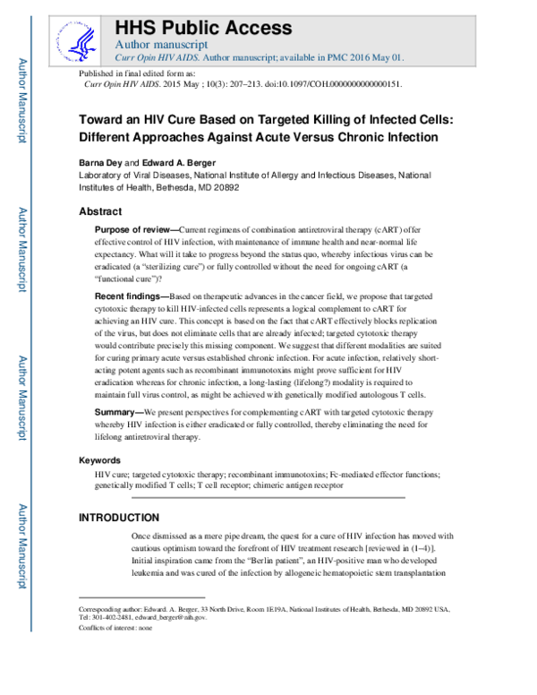 (PDF) Towards an HIV cure based on targeted killing of infected cells