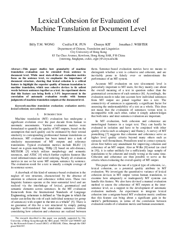 (PDF) Lexical cohesion for evaluation of machine translation at ...