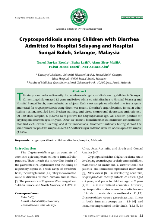 (PDF) Cryptosporidiosis among Children with Diarrhea Admitted to ...