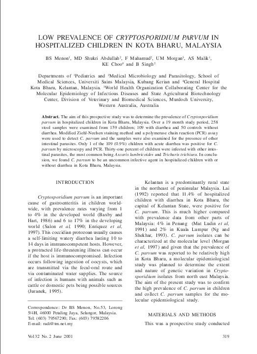 (PDF) Low prevalence of Cryptosporidium parvum in hospitalized children ...