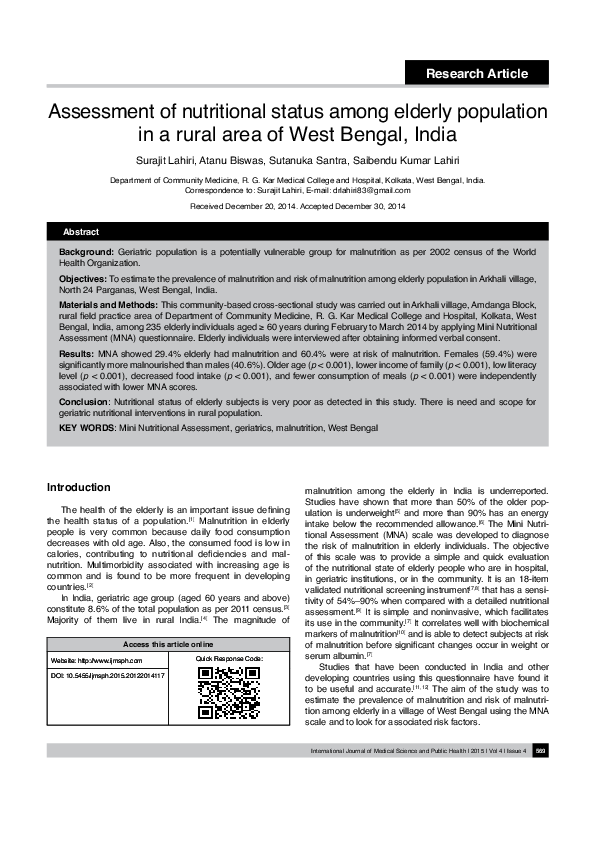 (PDF) Assessment of nutritional status among elderly population in a ...