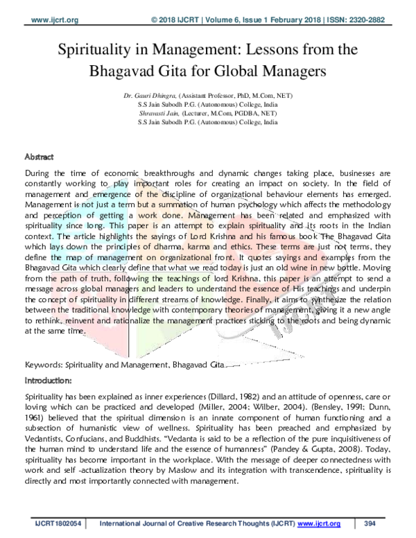 (PDF) Spirituality in Management: Lessons from the Bhagavad Gita for ...