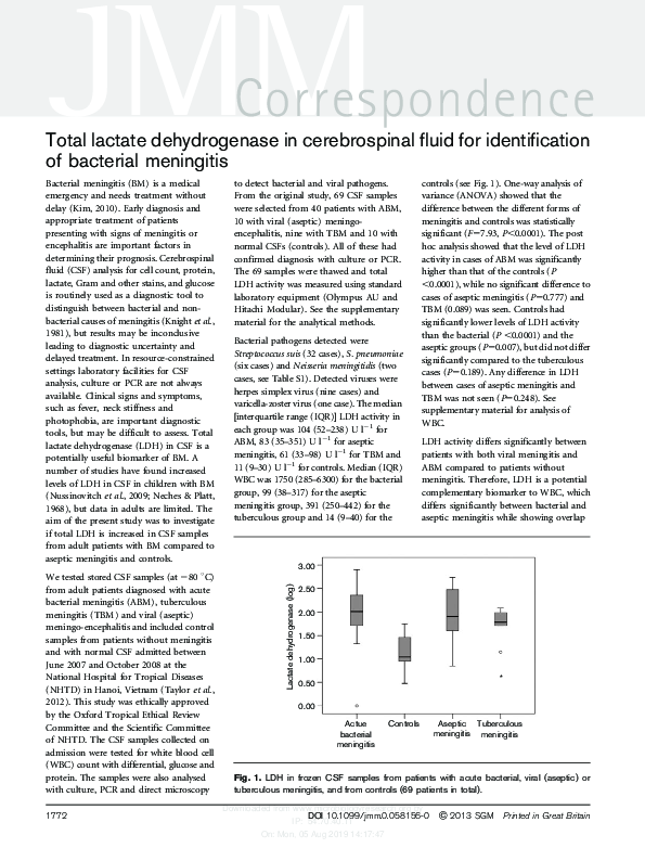 (PDF) Total lactate dehydrogenase in cerebrospinal fluid for ...