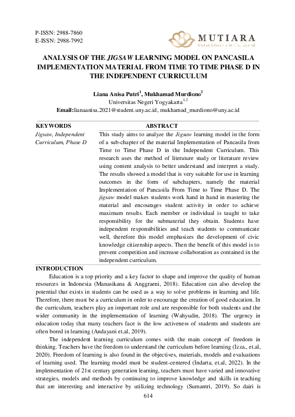 (PDF) Analysis of the Jigsaw Learning Model on Pancasila Implementation ...