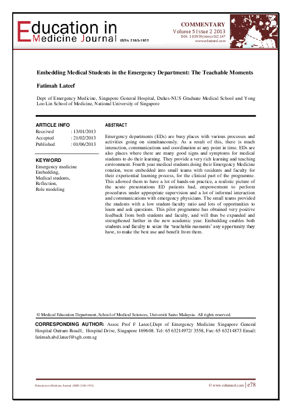 (PDF) Embedding Medical Students in the Emergency Department: The ...