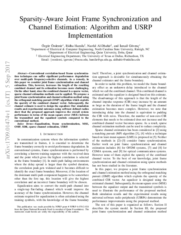 (PDF) Sparsity-aware joint frame synchronization and channel estimation ...