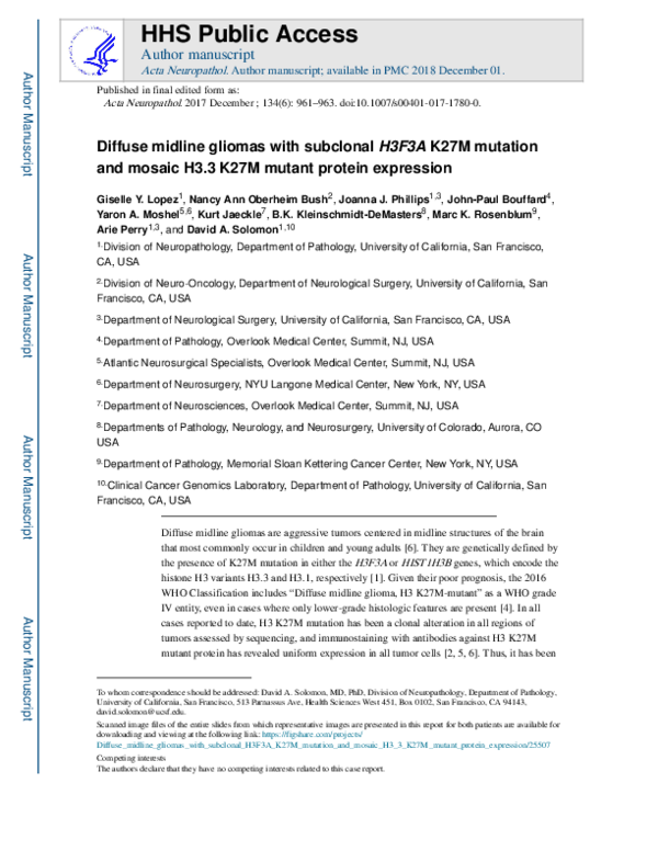 (PDF) Diffuse midline gliomas with subclonal H3F3A K27M mutation and ...