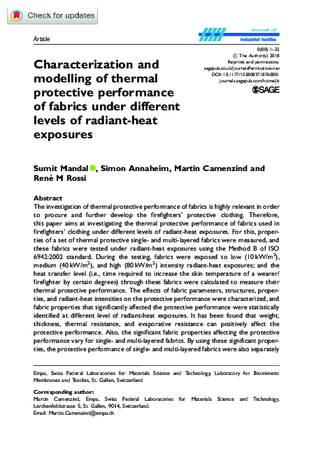 (PDF) Characterization and modelling of thermal protective performance ...
