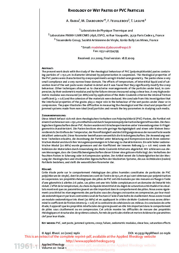 (PDF) Rheology of Wet Pastes of Pvc Particles | Thierry LASUYE ...