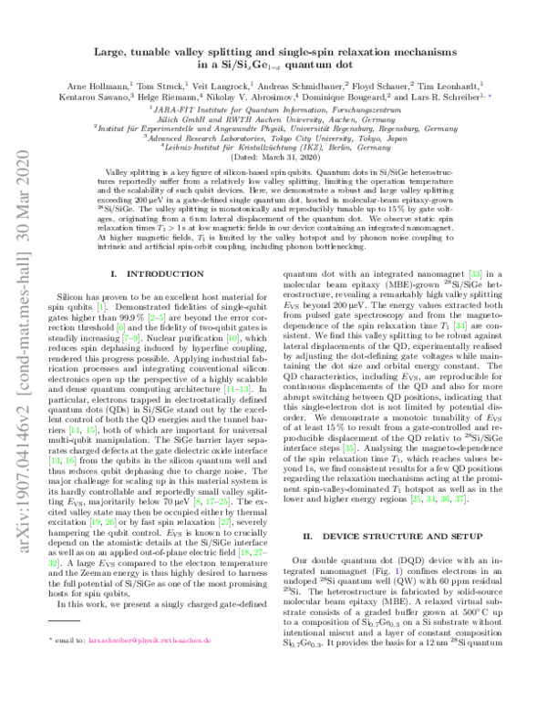 (PDF) Large, Tunable Valley Splitting and Single-Spin Relaxation ...