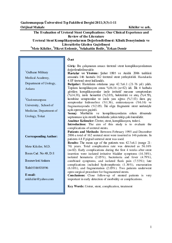(PDF) The Evaluation of Ureteral Stent Complications: Our Clinical ...