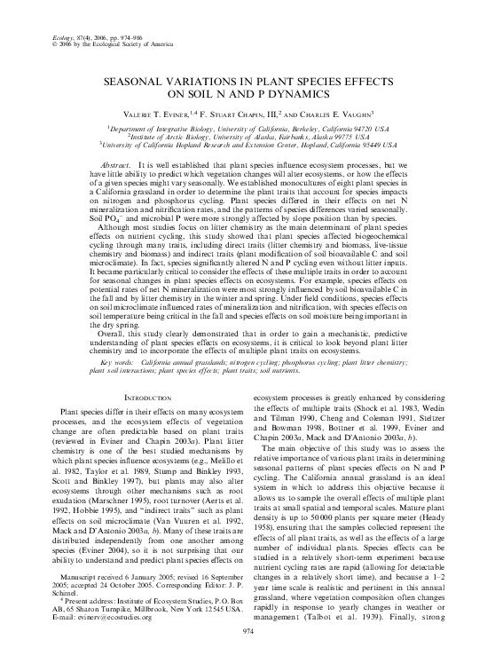 (PDF) Seasonal Variations in Plant Species Effects on Soil N and P Dynamics