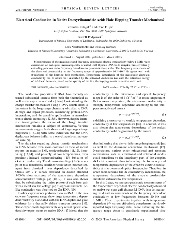 (PDF) Electrical Conduction in Native Deoxyribonucleic Acid: Hole ...