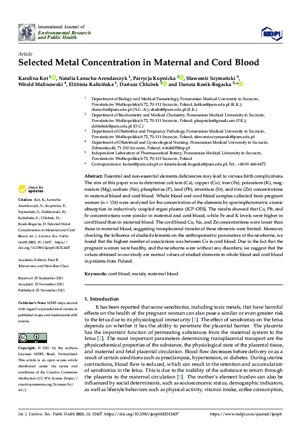 (PDF) Selected Metal Concentration in Maternal and Cord Blood