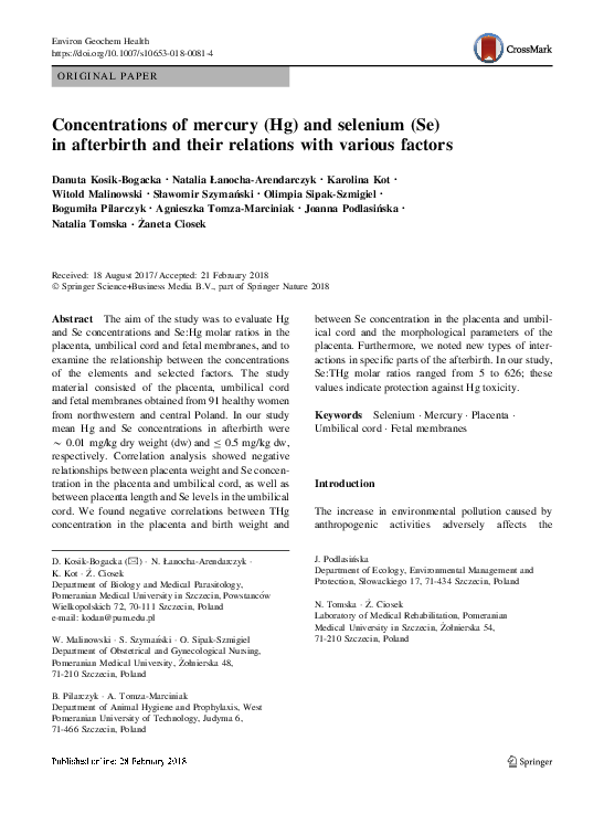 (PDF) Concentrations of mercury (Hg) and selenium (Se) in afterbirth ...