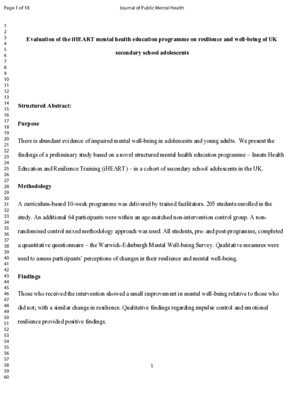 (PDF) Evaluation of the iHEART mental health education programme on ...