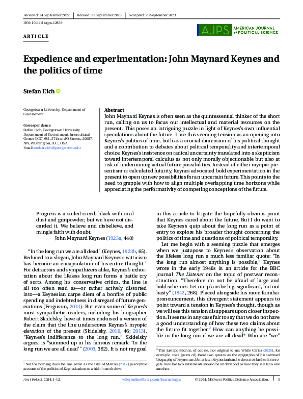 (PDF) Expedience and Experimentation: John Maynard Keynes and the ...