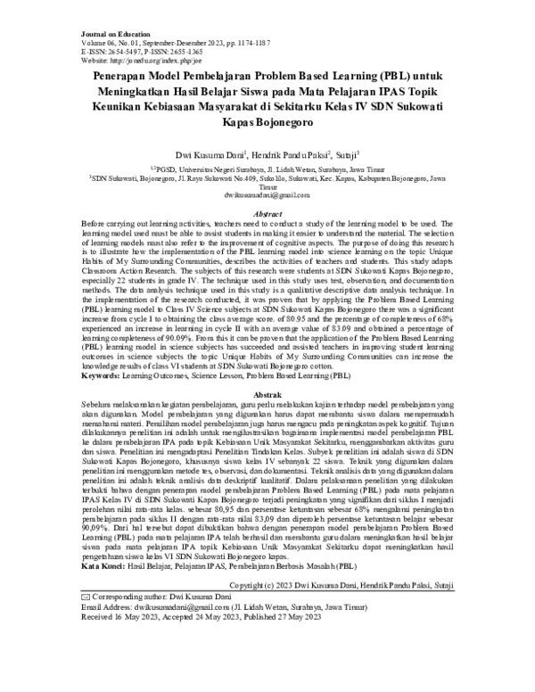 (PDF) Penerapan Model Pembelajaran Problem Based Learning (PBL) untuk ...