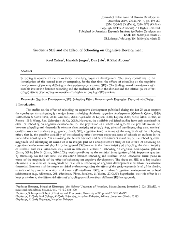 (PDF) Student’s SES and the Effect of Schooling on Cognitive Development