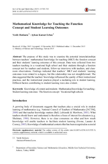 (PDF) Mathematical Knowledge for Teaching the Function Concept and ...