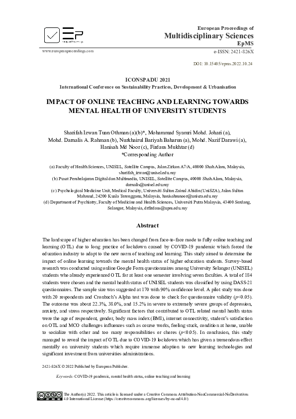 (PDF) Impact Of Online Teaching And Learning Towards Mental Health Of ...