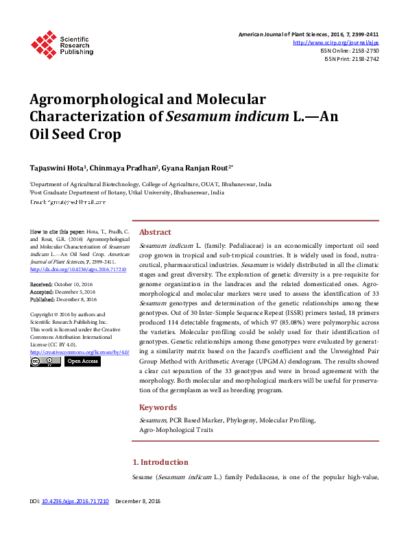 (PDF) Agromorphological and Molecular Characterization of Sesamum ...
