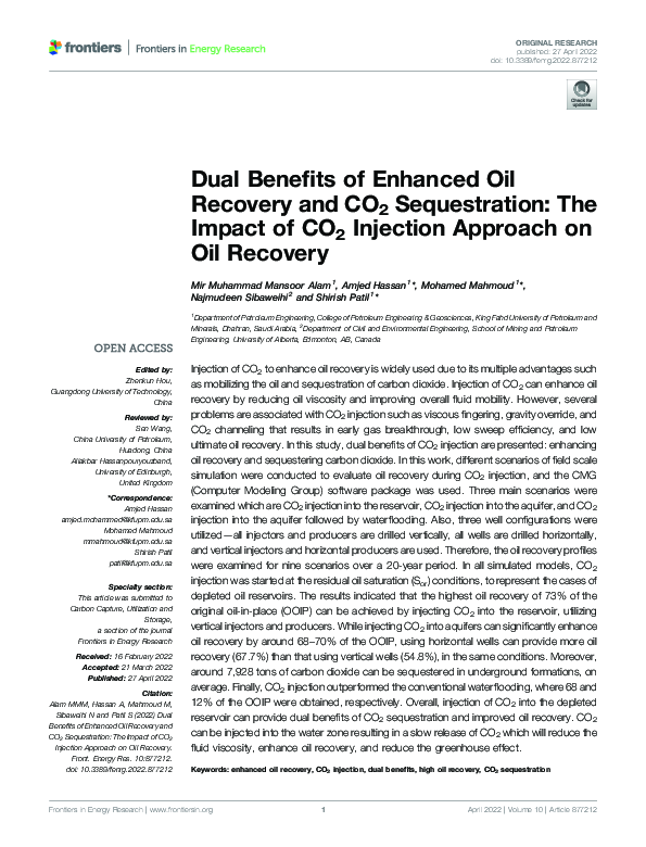(PDF) Dual Benefits of Enhanced Oil Recovery and CO2 Sequestration: The ...
