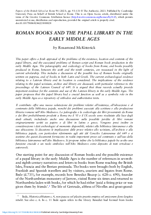 (PDF) Roman Books and the Papal Library in the Early Middle Ages