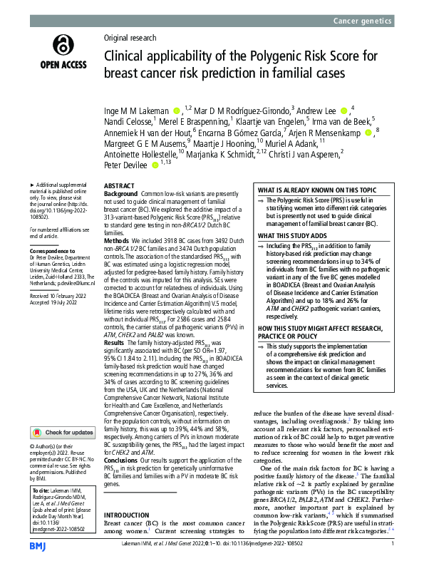 (PDF) Clinical applicability of the Polygenic Risk Score for breast ...