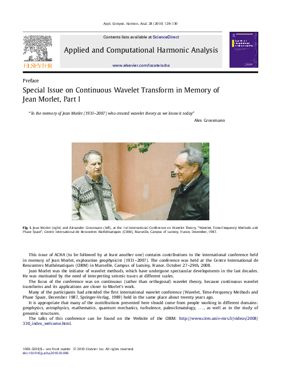 (PDF) Special Issue on Continuous Wavelet Transform in Memory of Jean ...