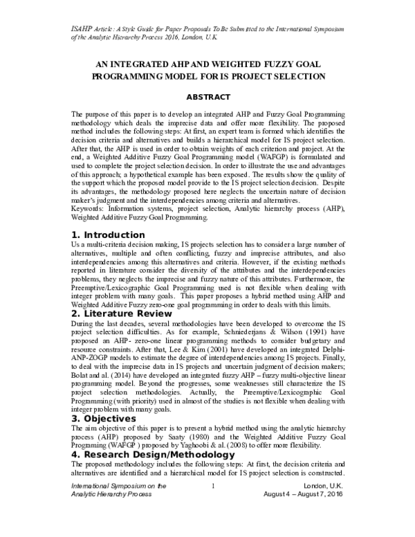 (PDF) An Integrated Ahp and Weighted Fuzzy Goal Programming Model for ...