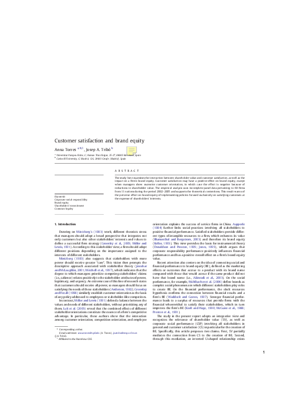 (PDF) Customer satisfaction and brand equity