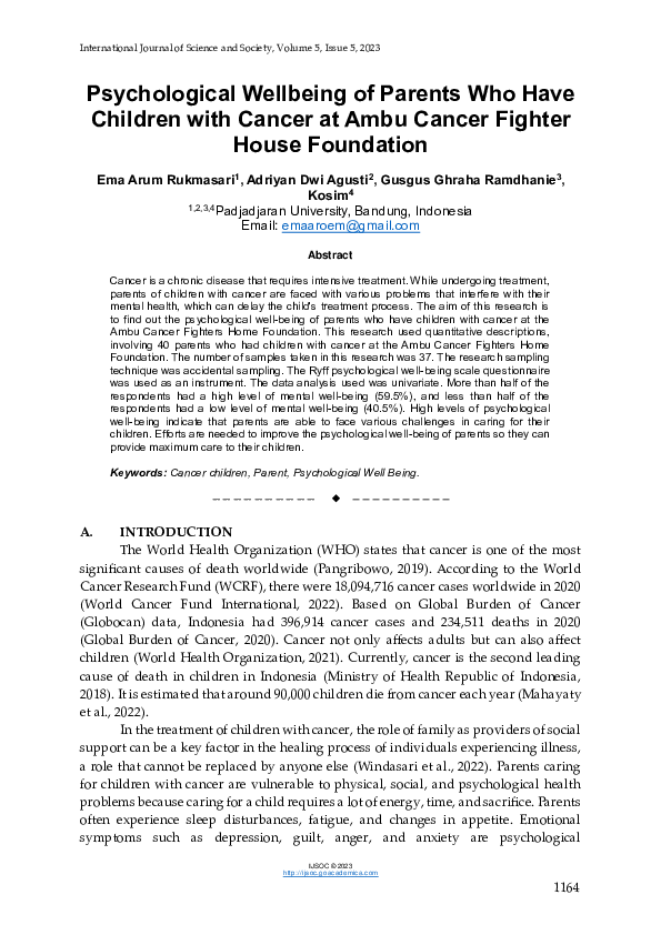 (PDF) Psychological Wellbeing of Parents Who Have Children with Cancer ...