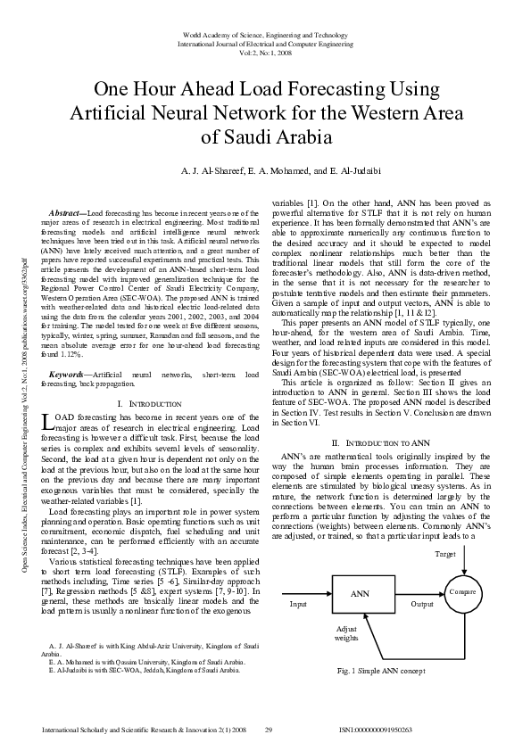 (PDF) One Hour Ahead Load Forecasting Using Artificial Neural Network ...